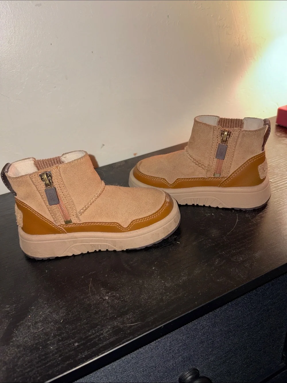 UGG Kids Suede Zip-Front Ankle Boots in Tan and Brown